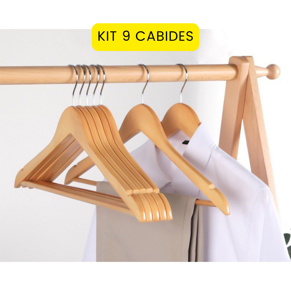 Kit 9 Cabides de Madeira para Roupas Adulto Infantil Organizador de Guarda Roupas