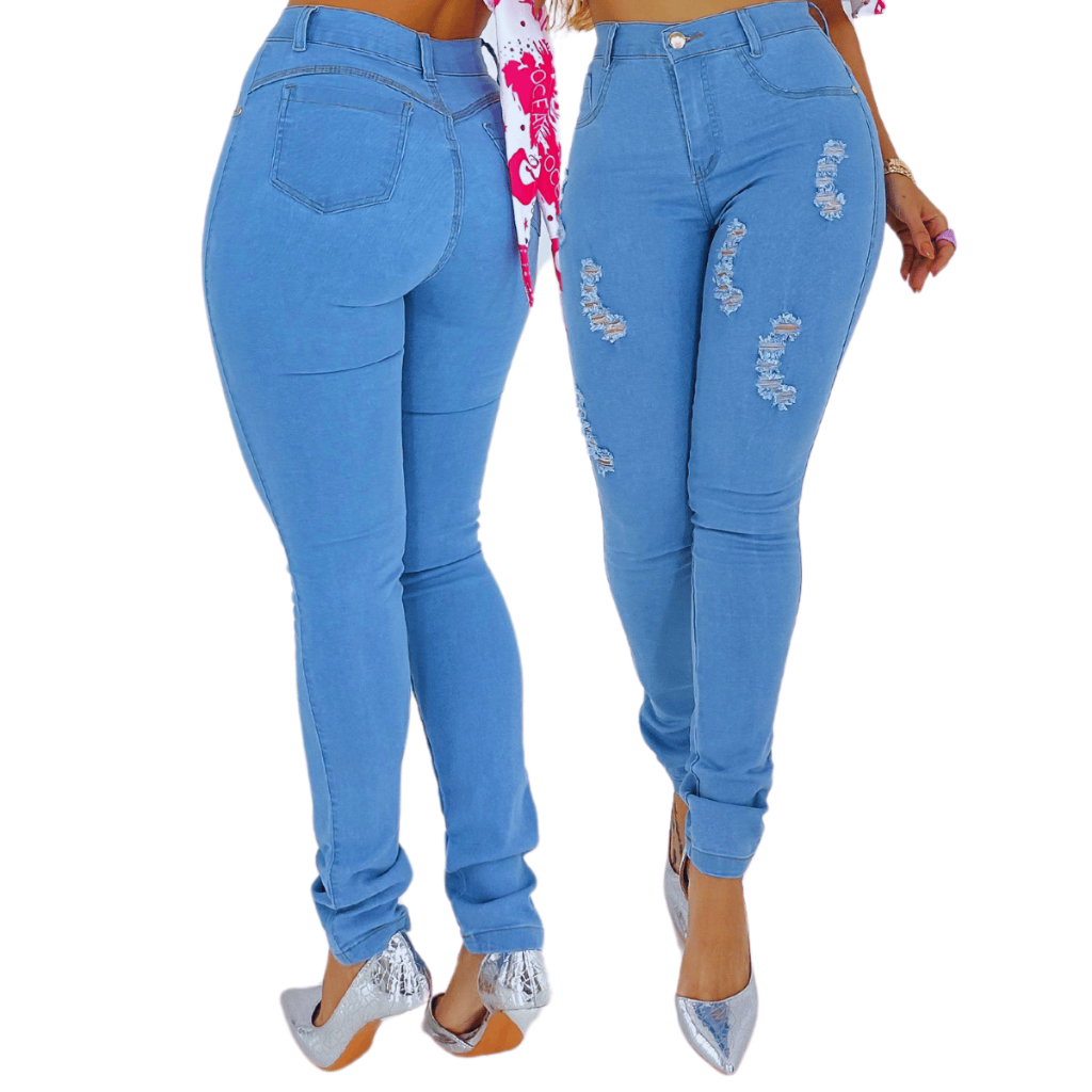 Calça Jeans Feminina Clara Destroyed Cintura Alta Com Elastano Moda Empina Bumbum Lavagem Premium em Oferta na Shopee