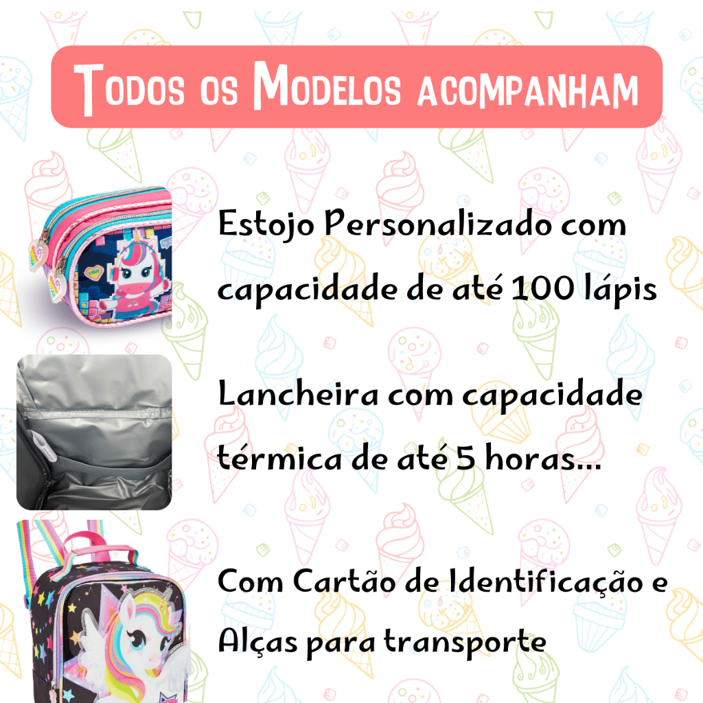 Kit Mochila Rodinhas + Estojo + Lancheira Menina Escolar Infantil Grande Reforçada Alça Acolchoada