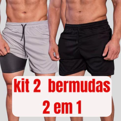 Kit 2 Bermudas 2 em 1 Masculinas com Bolso Interno Para Treino e Corrida