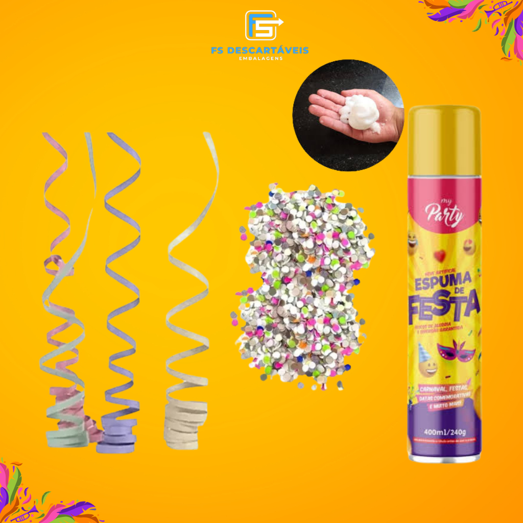 Kit Carnaval Festa Folia Espuma Serpentina Confete Colorido