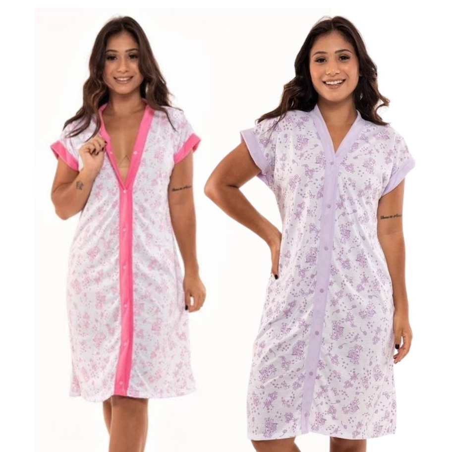 Kit 2 Camisolas Amamentação Algodão Pijama Gestante Abertura Frontal Maternidade Conforto em Oferta na Shopee