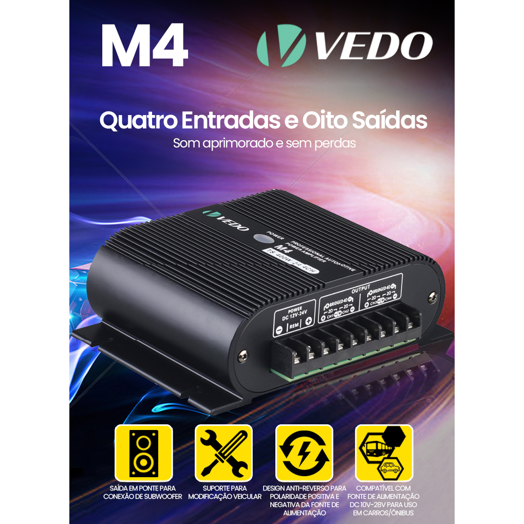 VEDO M4 Amplificador 400w Digital 400rms 4 Canais 2 Ohms Som Estereo Entrada Rca Potencia para Carro Moto Caminhonete