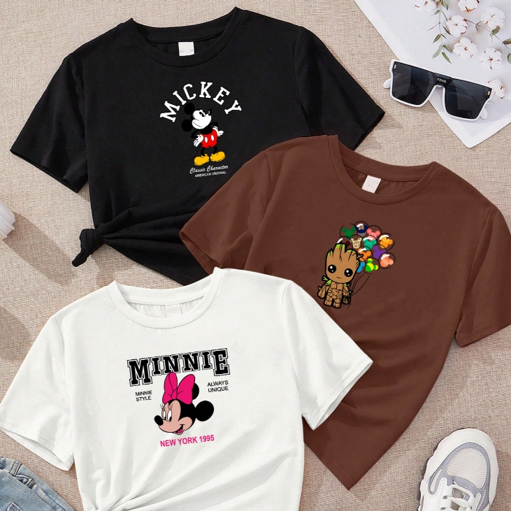 Blusa feminina de algodão kit com 3 Mickey, Baby Groot,  Minnie blusa marrom preta Off white