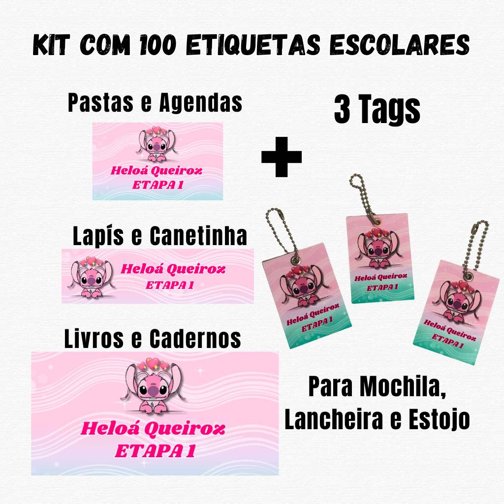 Kit Etiquetas Escolares + 3 Tags para Mochila, Lancheira e Estojo - Varios Temas