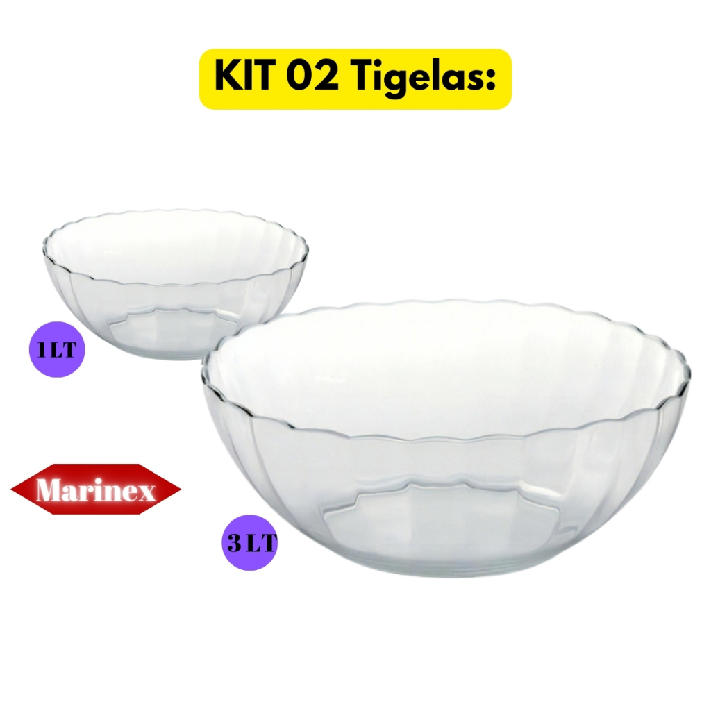 Jogo Kit 02 Tigelas Saladeira 1+3LT Marinex Vidro Cumbuca Bella Astral Redonda Sobremesa Marinex