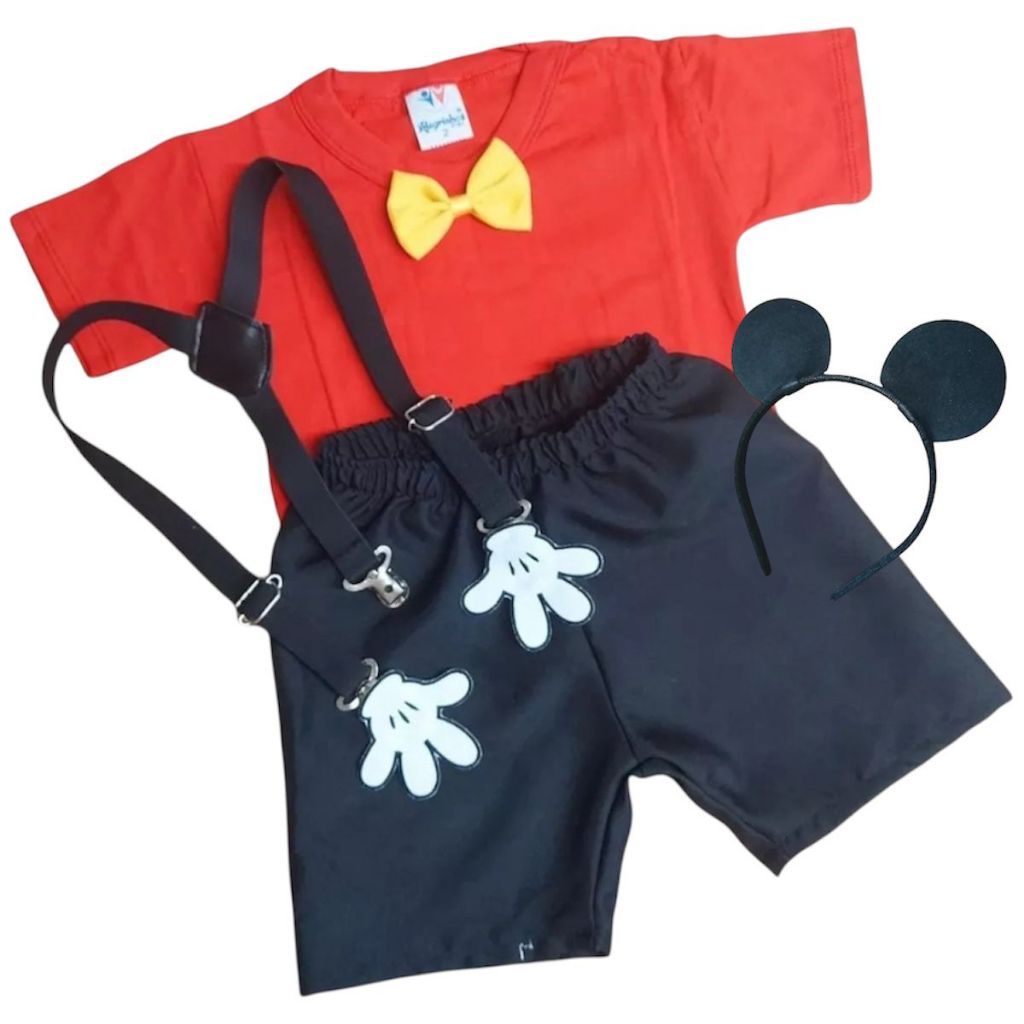 Roupa Do Mickey Conjunto Festa Infantil Menino Temático Aniversário Camiseta, Short, Suspensório e Tiara Orelhinhas