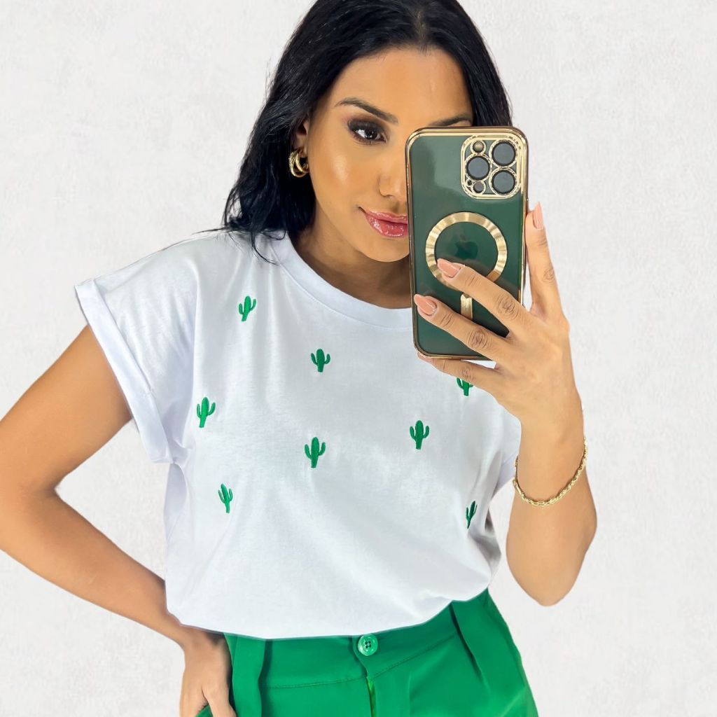 Blusa Feminina Cacto Bordado Algodão 100% Manga Japonesa