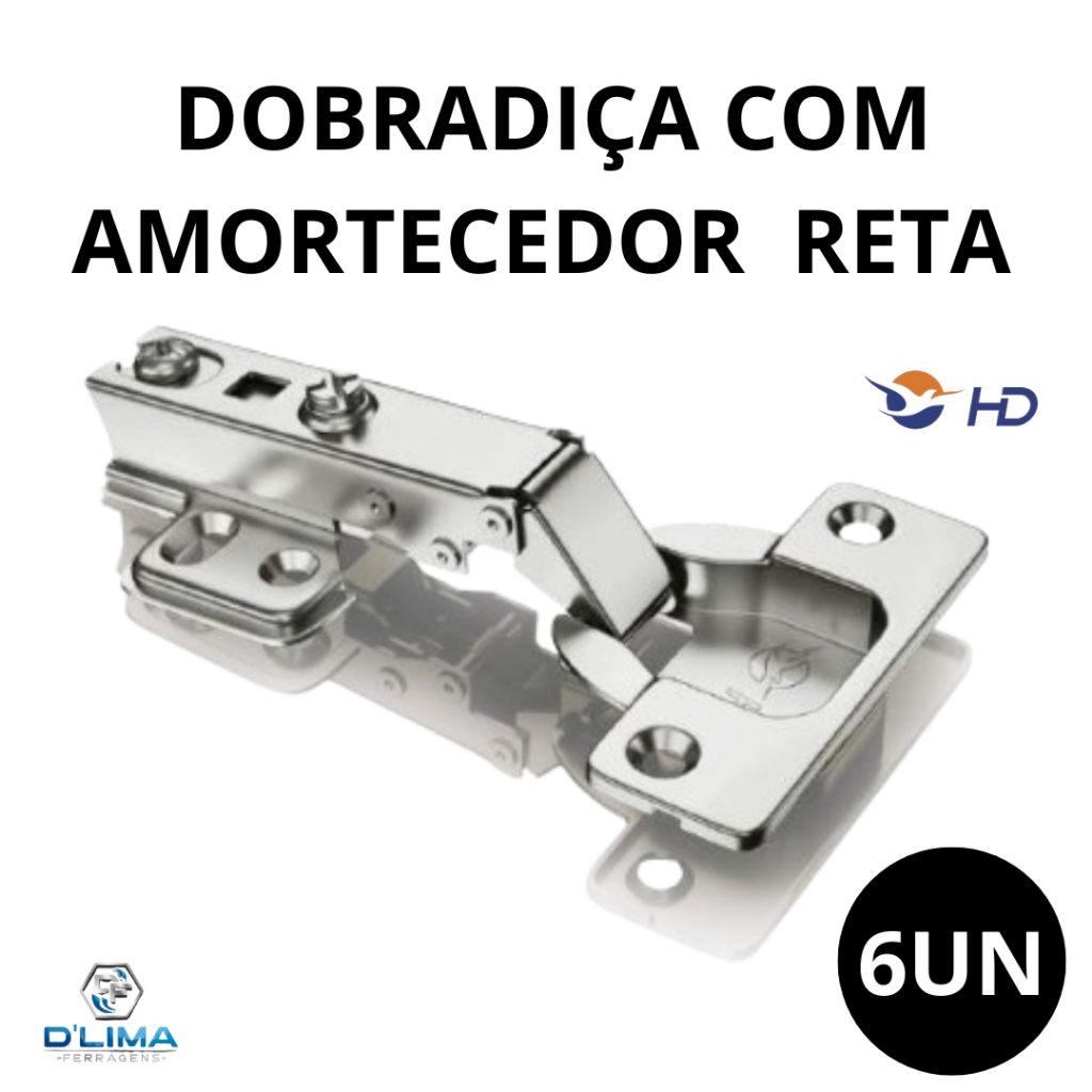 Kit 6 Dobradiças Reta 35mm com Amortecedor Calço Fixo Porta Armário Móveis Alta Qualidade - HD