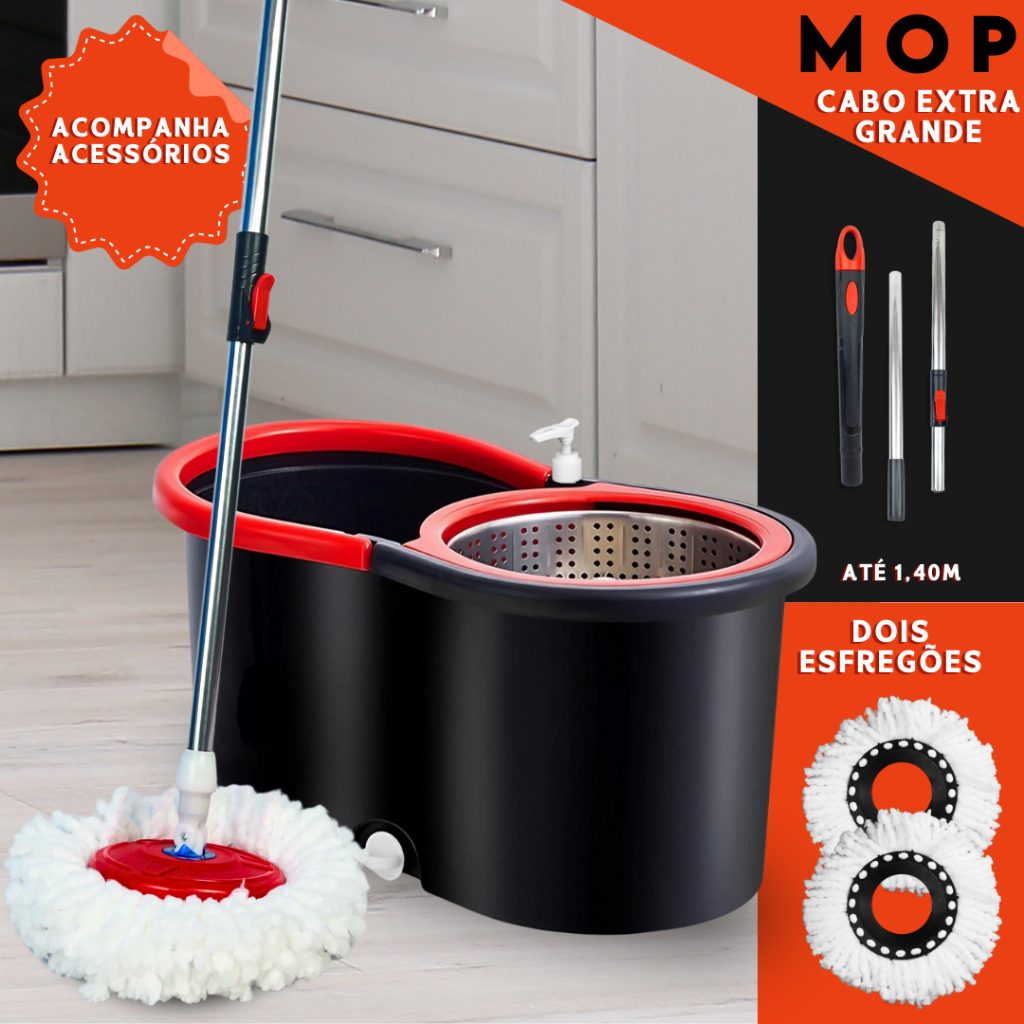 Mop Giratorio Com cabo de 140 cm Cesto Em Inox - Balde Centrífuga - C/2 Refil