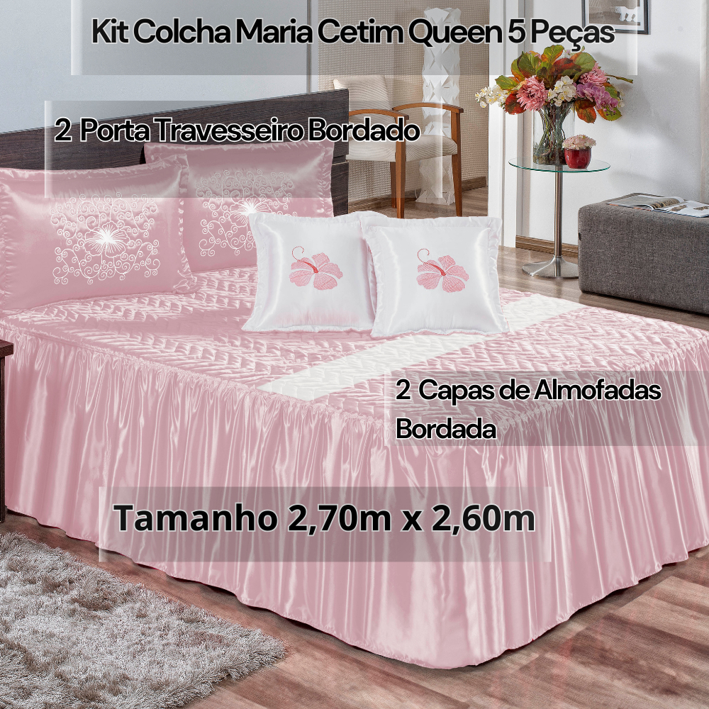 KIT COBRE LEITO COLCHA MARIA QUEEN 5 PEÇAS EM CETIM BORDADA