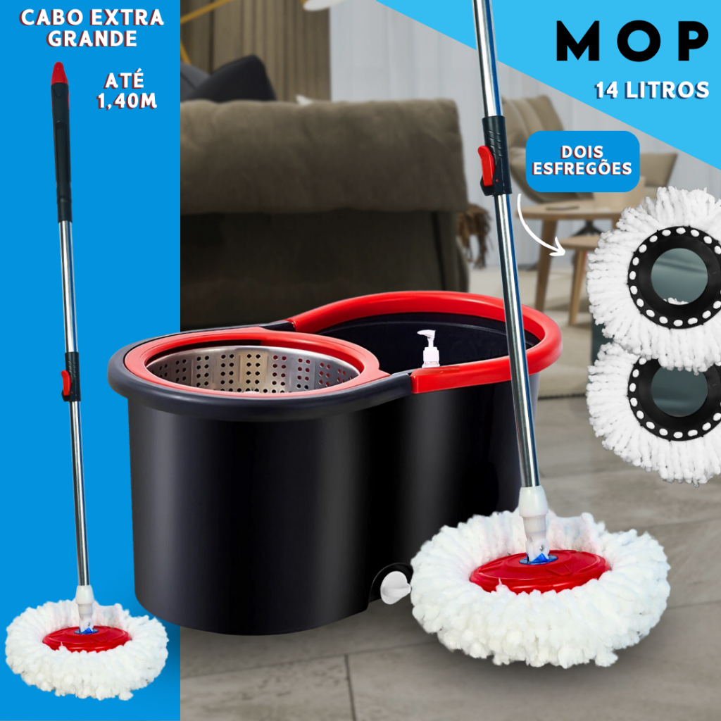 Mop Giratorio Com cabo de 140 cm Cesto Em Inox - Balde Centrífuga - C/2 Refil - Aero