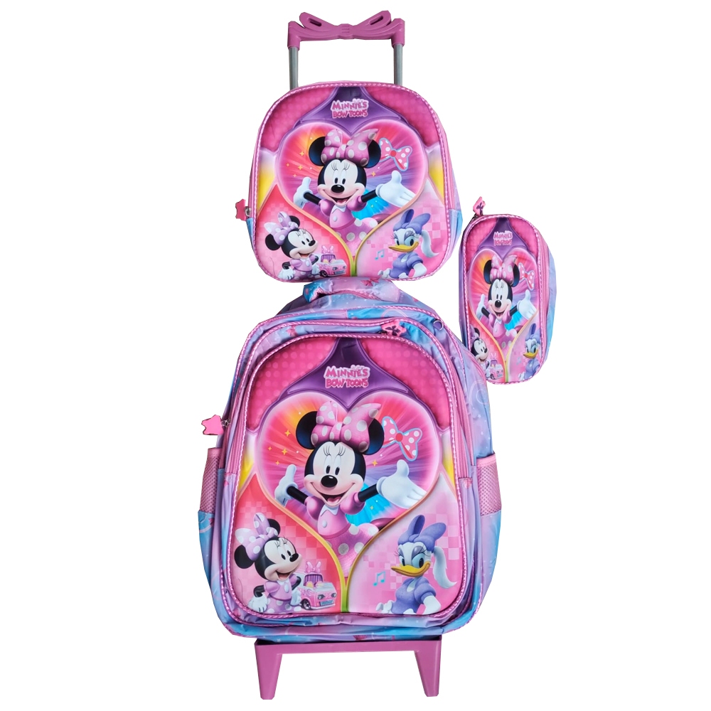 Kit Mochila Escolar Infantil com Rodinhas Minnie em Alto Relevo + Lancheira Térmica + Estojo Escolar