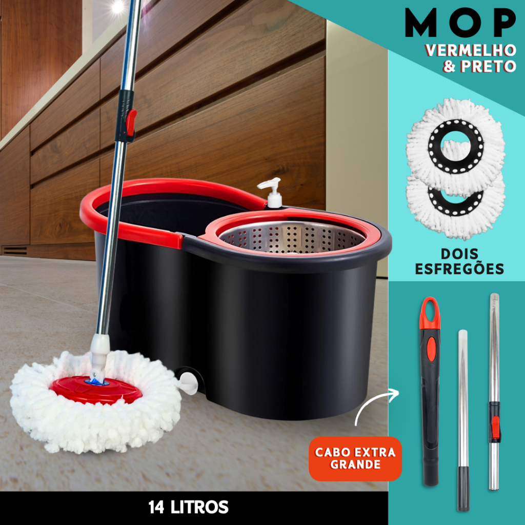 Mop Giratorio Com cabo de 140 cm Cesto Em Inox - Balde Centrífuga - C/2 Refil | Bnvt
