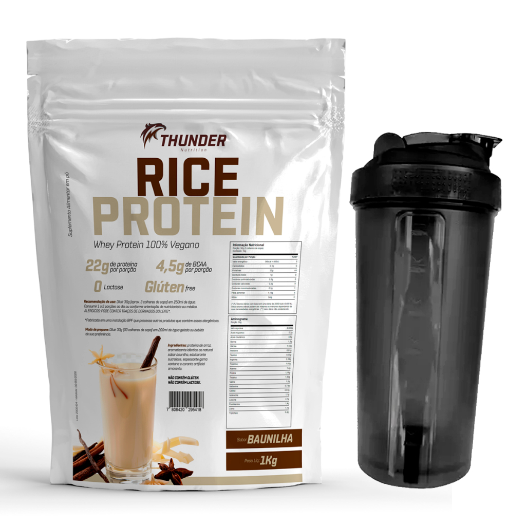 Whey Rice Protein 1kg Thunder - Whey Protein Vegano Zero Lactose - Proteína do Arroz - Vários sabores + Coqueteleira