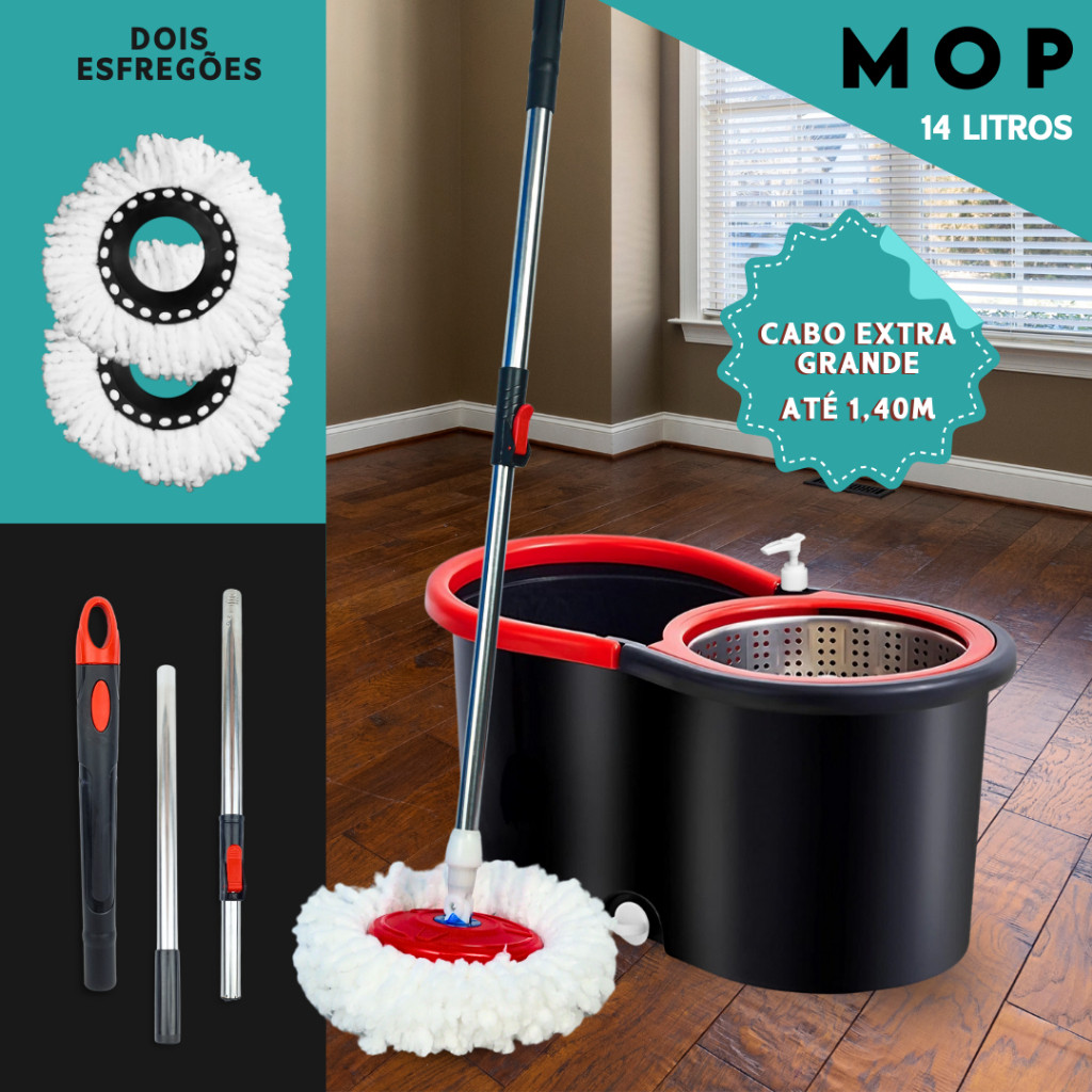 Mop C/ cabo de 140 cm + 2 Refis - Rodinhas e Cesto Em Inox - Balde Centrífuga - CH em Oferta na Shopee