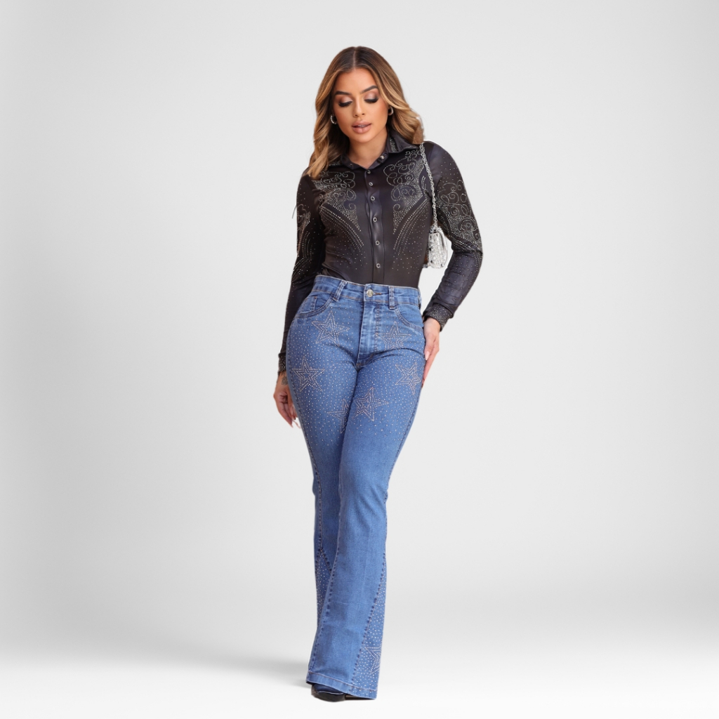Calça Jeans Feminina Flare Estilo Country  Lycra Detalhes Strass Brilhantes em Oferta na Shopee