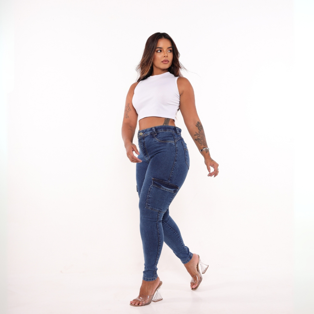 Calça Jeans Cargo Skinny Feminina Premium Cintura Alta C/ Elastano