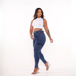 Calça Jeans Cargo Skinny Feminina Premium Cintura Alta C/ Elastano