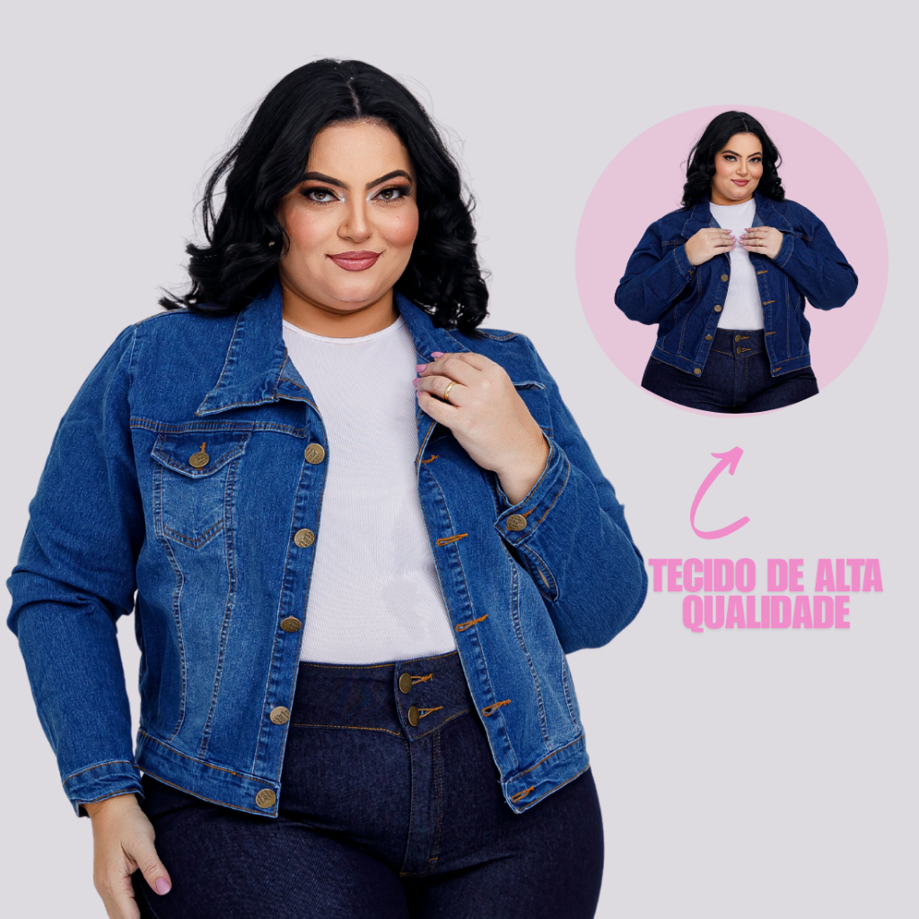 Jaqueta Jeans Feminina Plus Size Com Lycra Bolsos em Oferta na Shopee