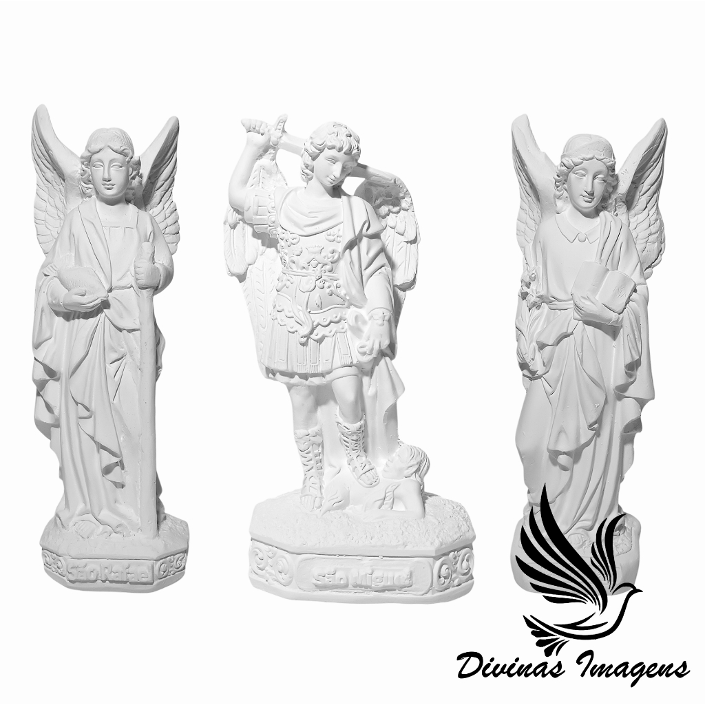 Trio de Arcanjos São Miguel Gargano, São Gabriel e São Rafael 20cm Gesso Cru Retocado Para Pintura Manual