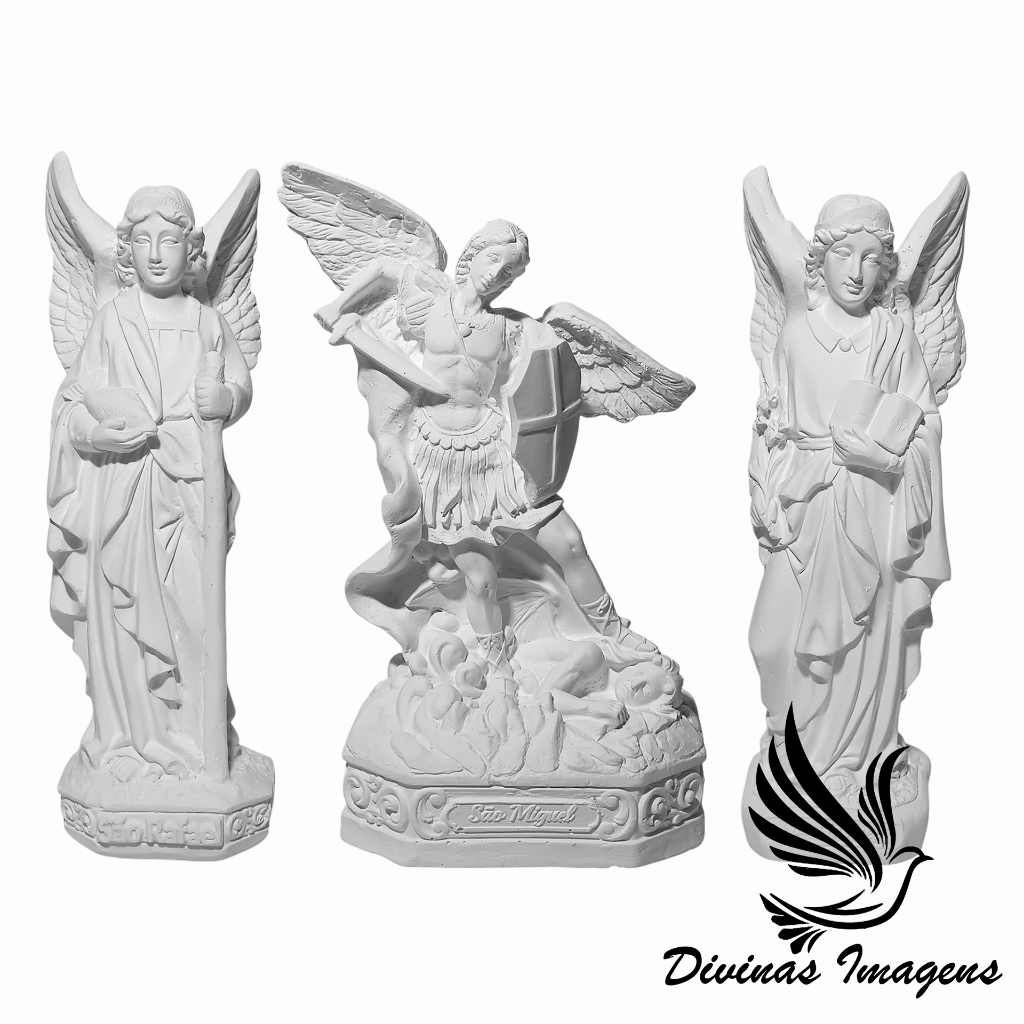 Trio De Arcanjos São Miguel, São Rafael e São Gabriel 20cm Gesso Cru Retocado Religioso