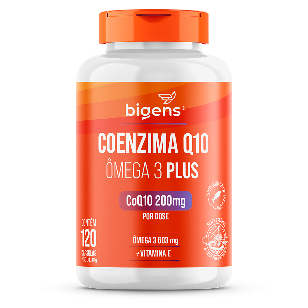 Coenzima Q10 + Ômega 3 TG Plus: 200mg CoQ10, 603mg Ômega 3 + Vitamina E | 120 Cápsulas | Bigens em Oferta na Shopee