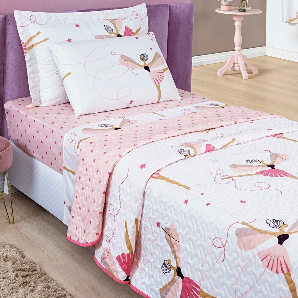 Kit Cobreleito E Jogo De Lençol Solteiro Bailarina 4 Peças Conforto Macio Estampado Enxoval Cama Quarto Menina Decoração
