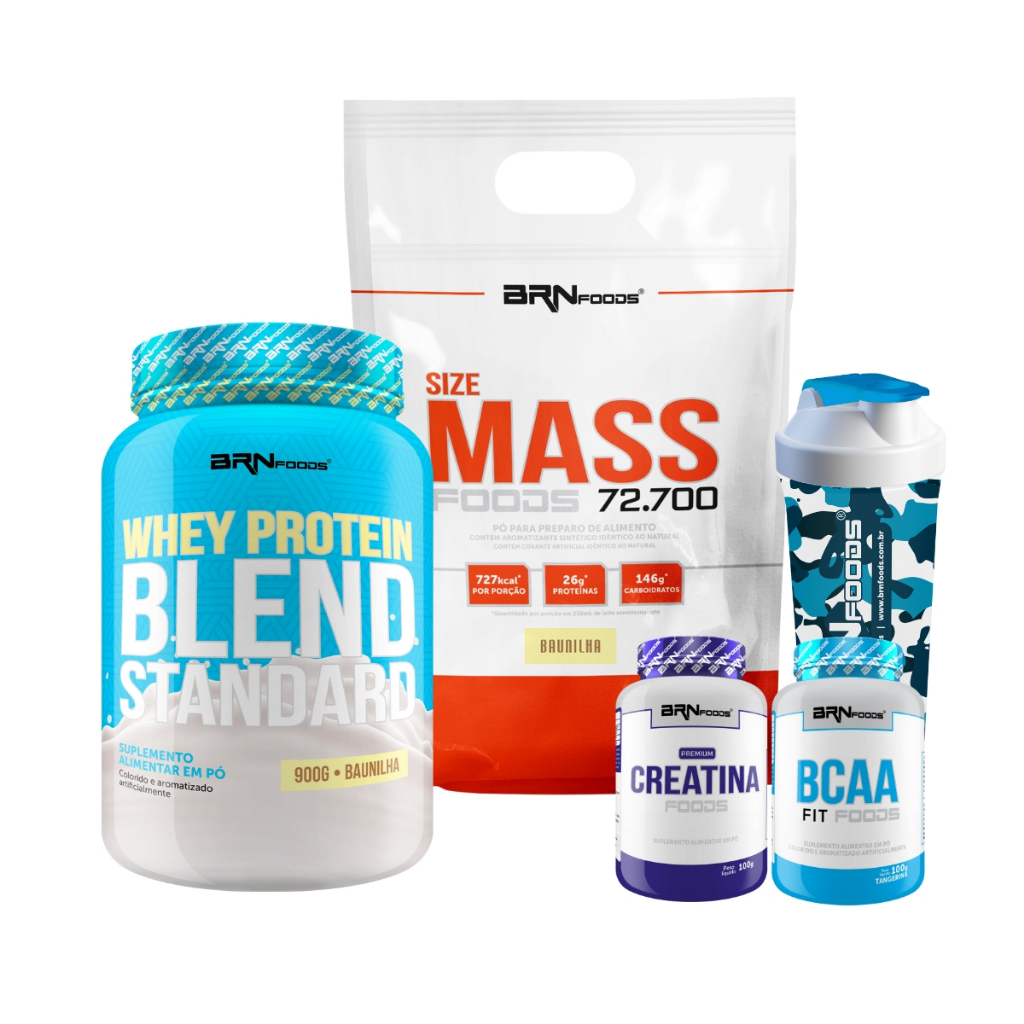 Kit Size Mass 3kg + Blend Standard 900g + Premium Creatina 100g + BCAA 100g + Coque - BRNFOODS em Oferta na Shopee