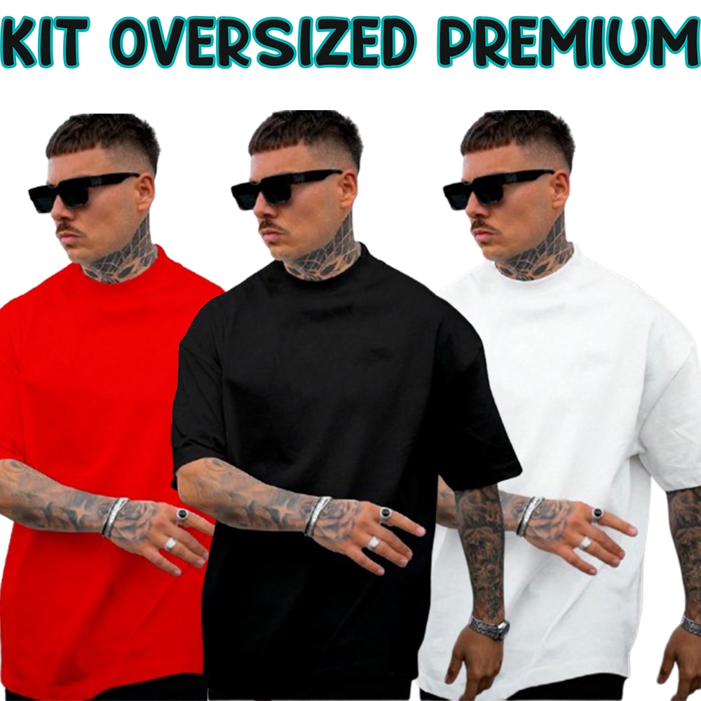 Kit 3 Camisetas Premium Oversized Gola Alta Confortavel Blusao Treino Academia Streetwear 100% Lisa