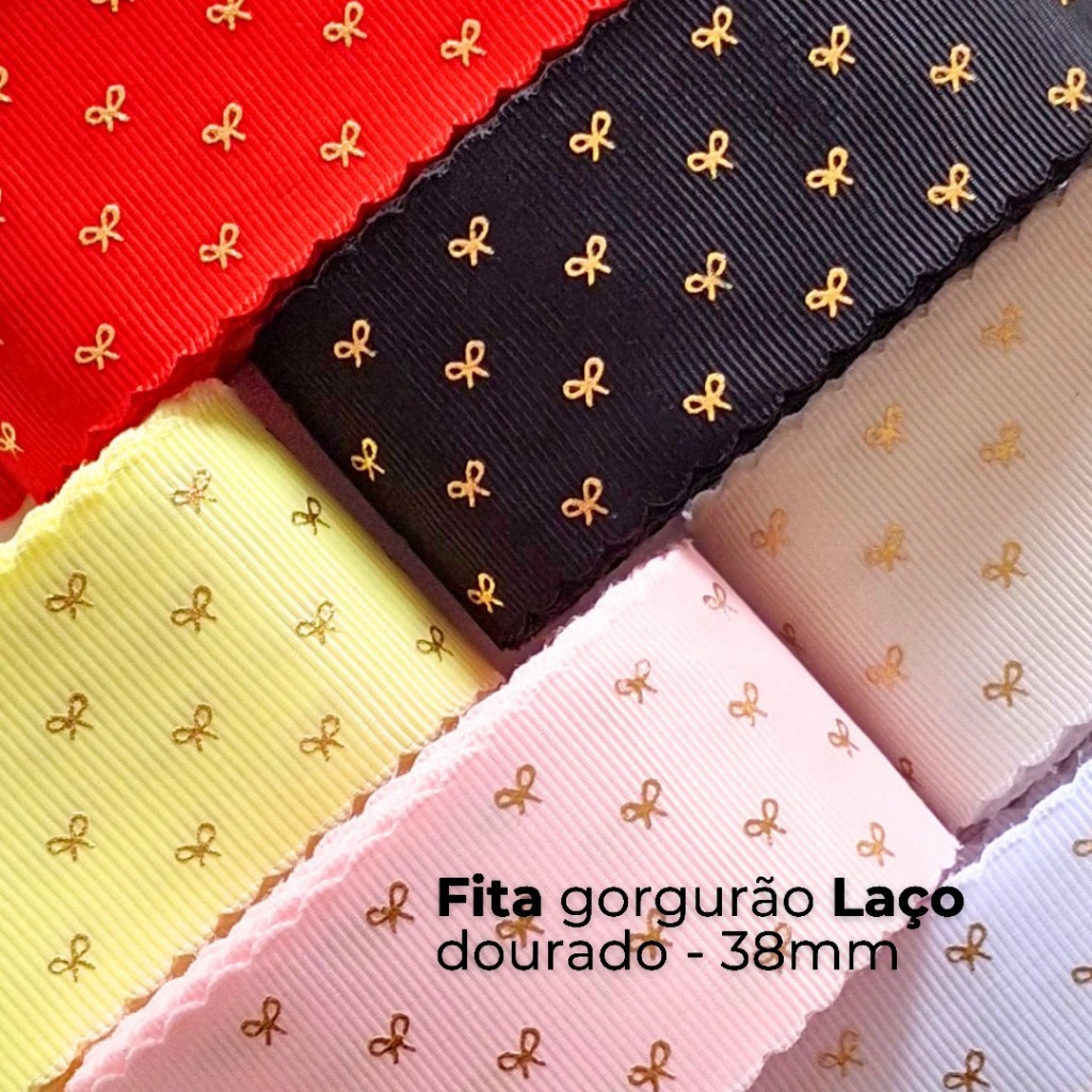 Fita Gorgurão Estampada Laço Dourado 38mm (Escolha a partir de 3 Metros) para Laços e Tiaras de Luxo