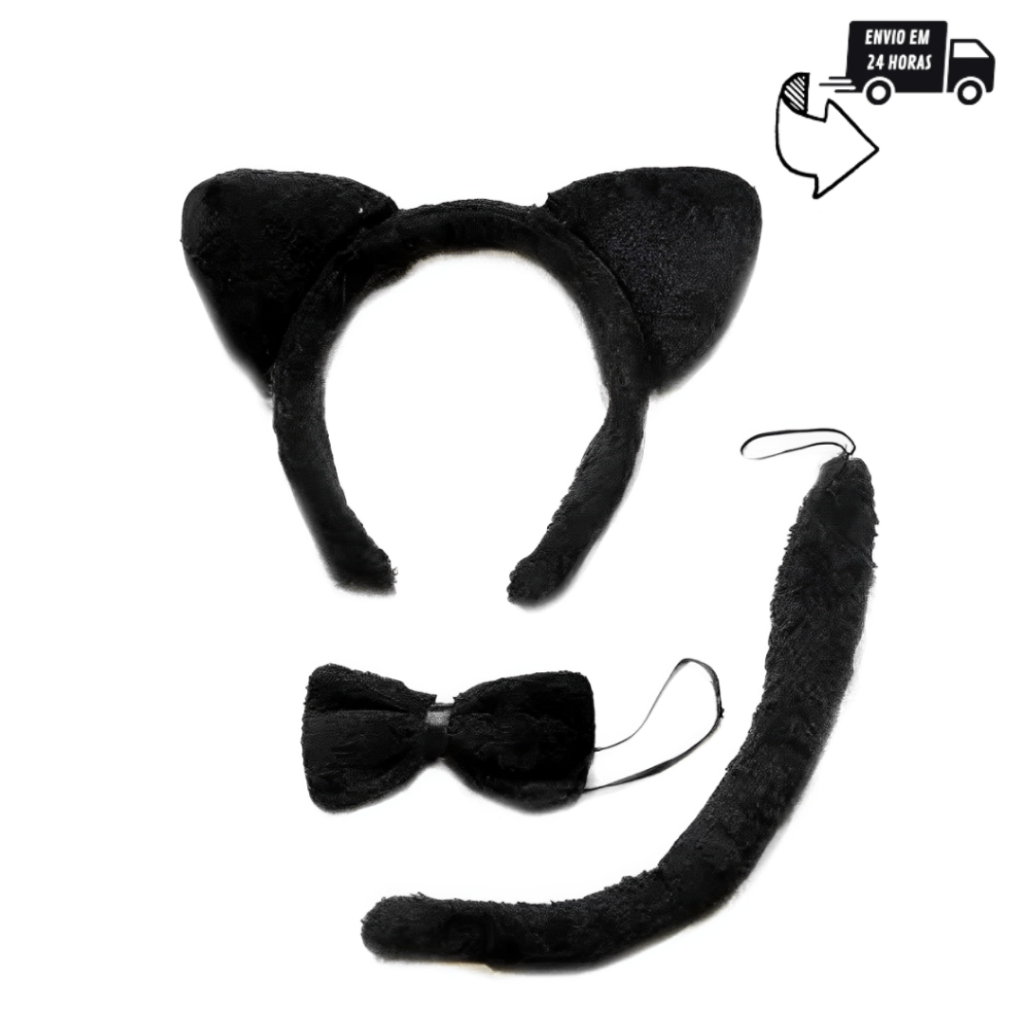 Fantasia Gato 3 pçs Tiara Rabinho e Gravata Fantasia de Gato Onça e tigre para Festas e Carnaval
