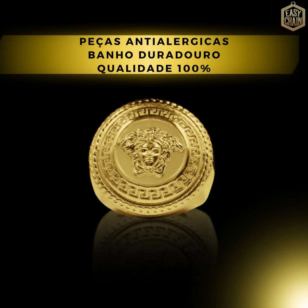 Anel Masculino Medusa Detalhado Banhado a Ouro 18k Dedeira Medusa Masculino ou Feminino