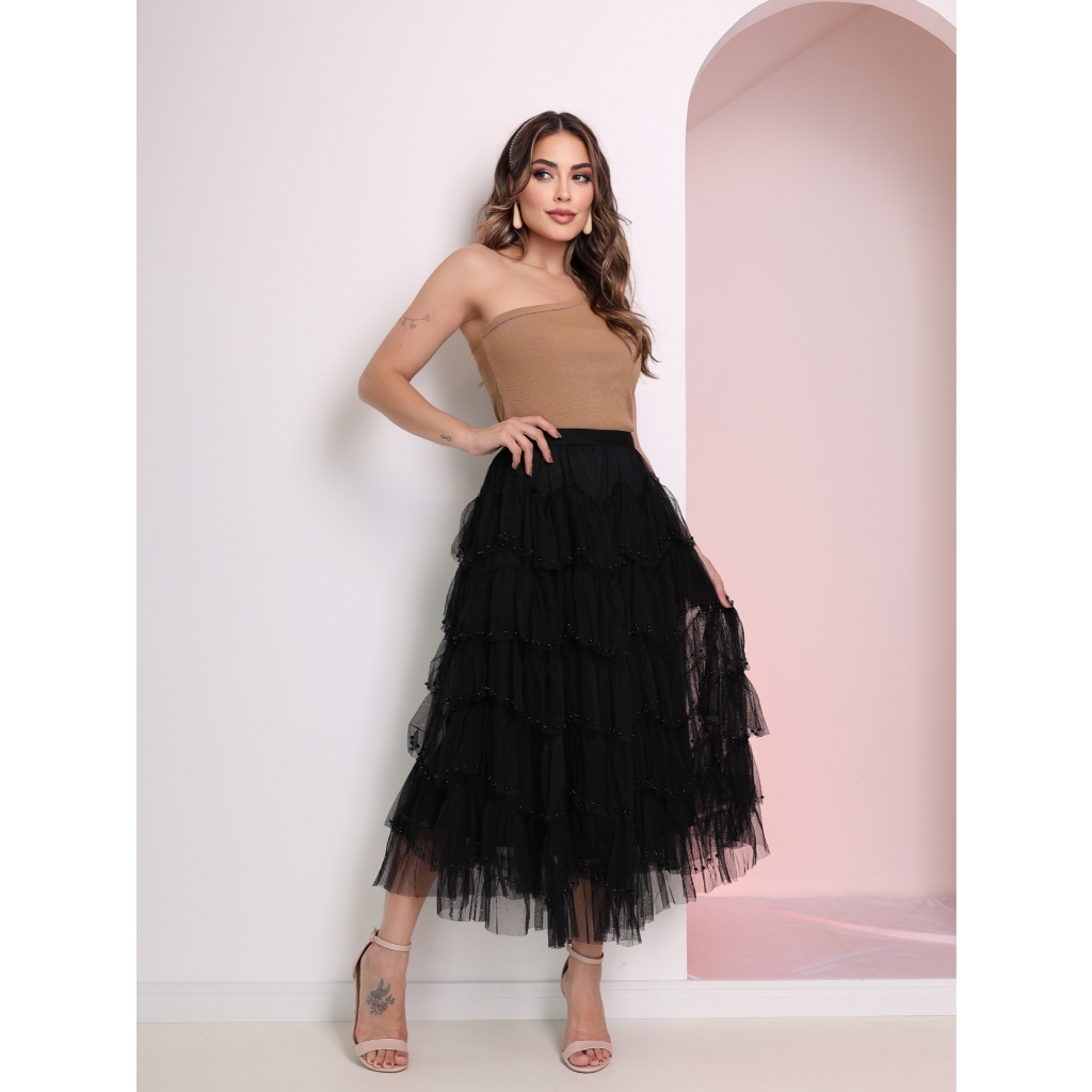 Saia de Tule com 800 Perolas com Caimento Elegante e Estiloso de Alta Qualidade WK-89 em Oferta na Shopee