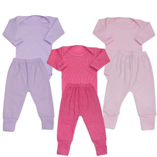 Kit 3 Conjunto Liso Bebê Menina Body Manga Longa e Calça Mijão Pé Reversível Canelada em Oferta na Shopee
