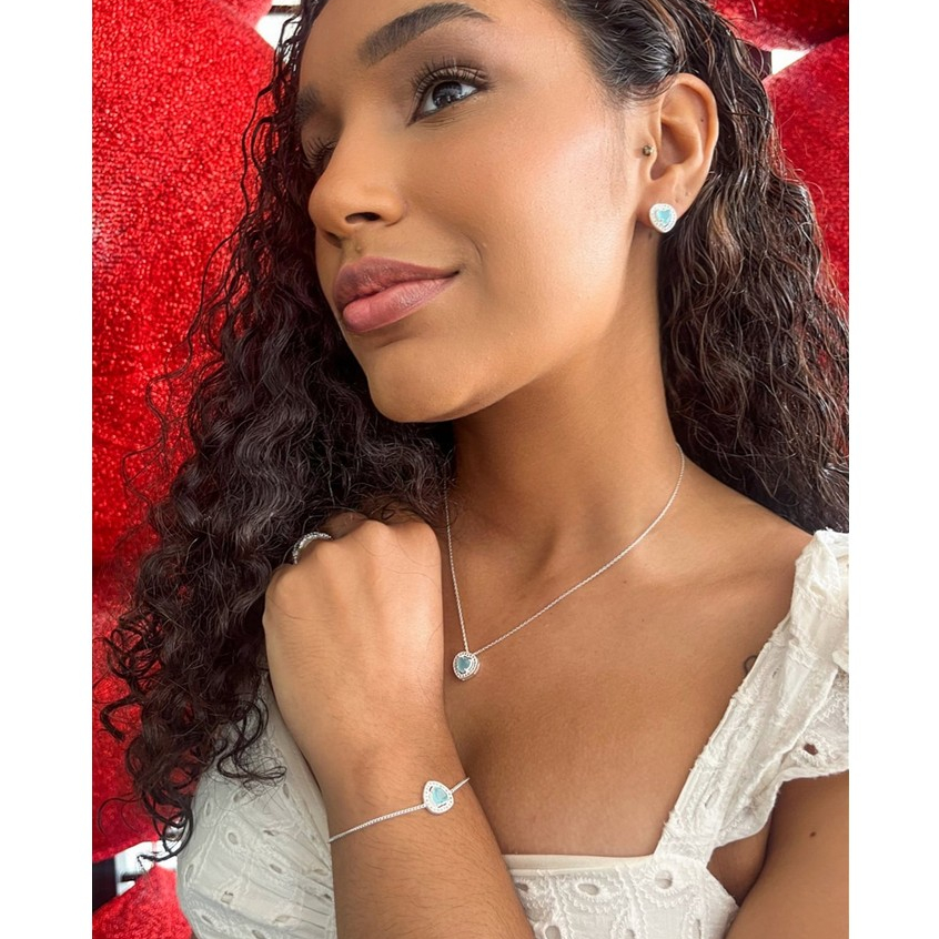 Conjunto Colar Brinco Pulseira Iluminar Coração Turquesa em Prata 925 Legítima