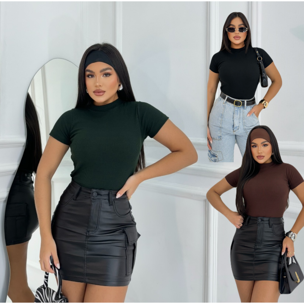 Blusinha Feminina Camiseta Canelada Básica Blusa Elegante Dia a Dia Manga Curta