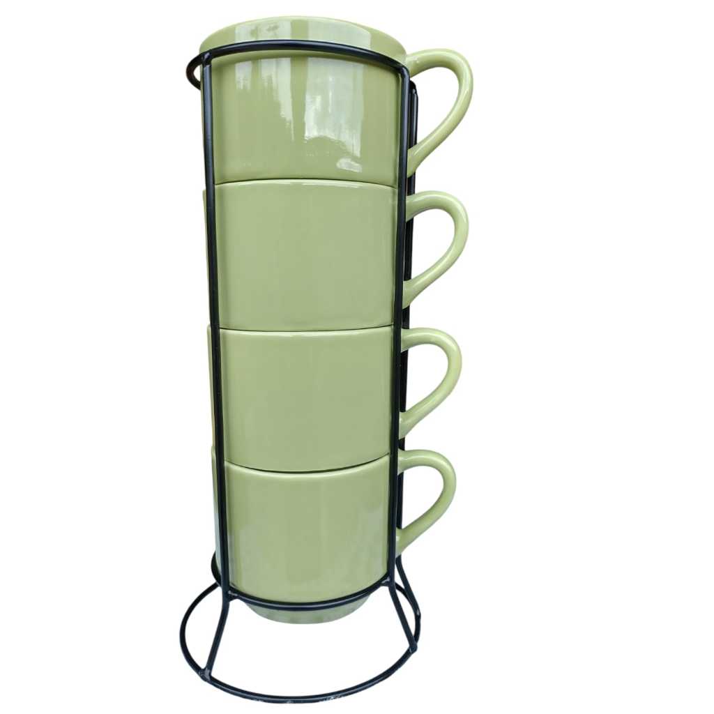 JOGO KIT 4 CANECA XÍCARA CHÁ CAFÉ EMPILHAVEL PORCELANA ESMALTADA EM VERDE LISA COM SUPORTE PRETO PERFEITO PARA PRESENTES