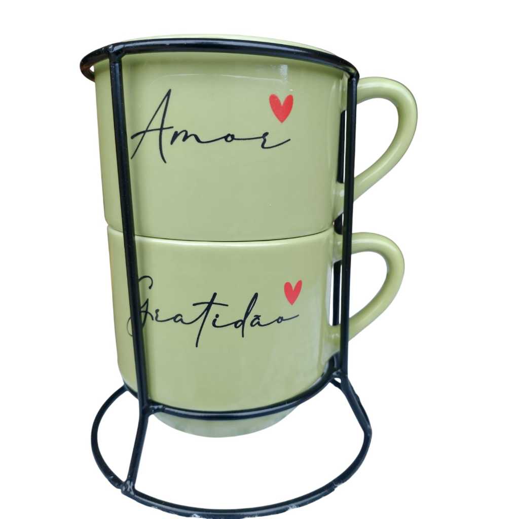 JOGO KIT 2 CANECA XÍCARA CHÁ CAFÉ PORCELANA ESMALTADA NA COR VERDE AMOR E GRATIDÃO COM SUPORTE PRETO PERFEITO P PRESENTE