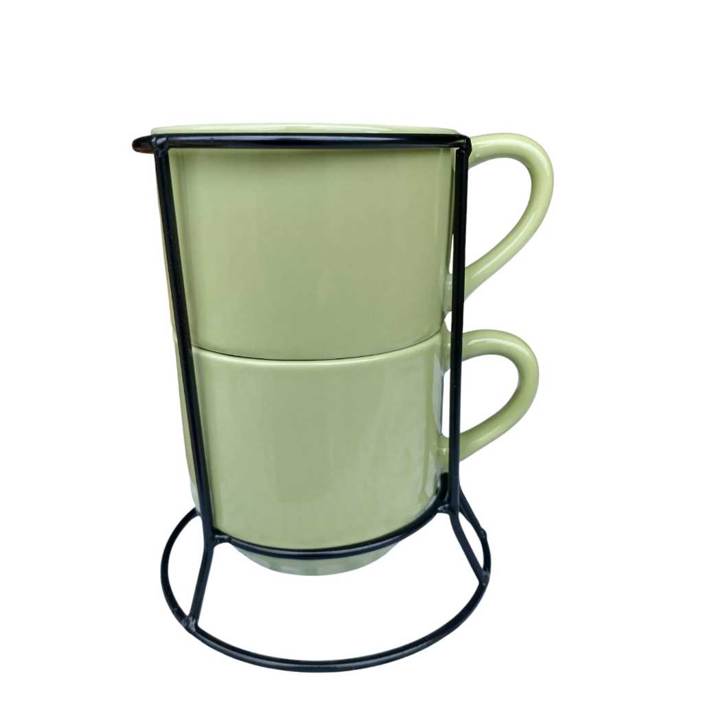 JOGO KIT 2 CANECA XÍCARA CHÁ CAFÉ POCELANA ESMALTADA EM VERDE LISA COM SUPORTE PRETO PERFEITO PARA PRESENTE  COM CARINHO