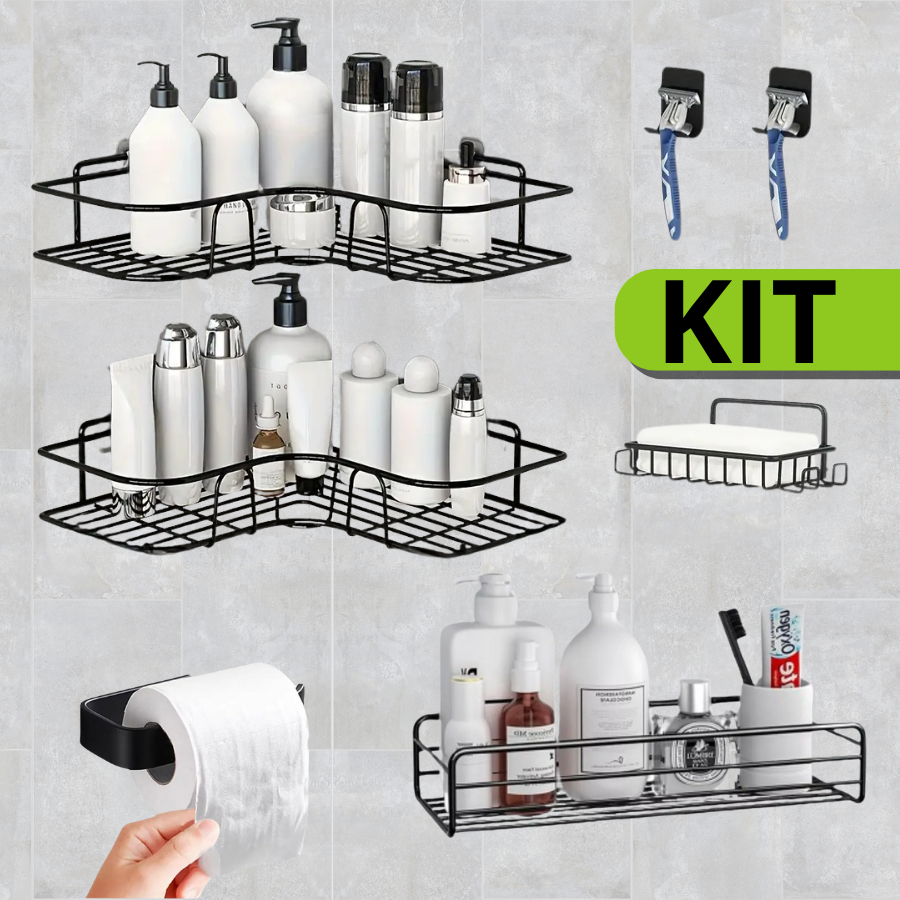 Kit 7 Suporte Prateleira Completo Acessórios Para Banheiro Multiuso com Adesivo Metal