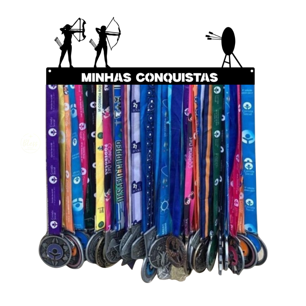 Porta medalhas arqueira, Tiro com Arco, arco e flecha, quadro decorativo vazado