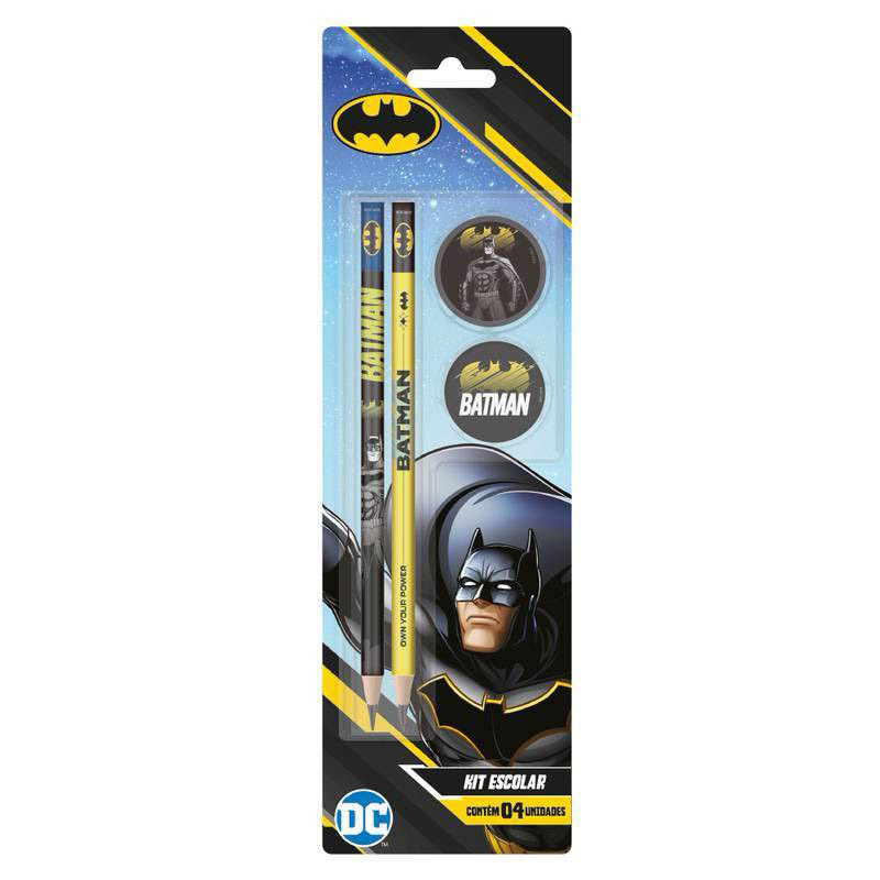 Cartela escolar do Batman com 4 peças: 2 Lápis + 1 Apontador + 1 Borracha em Oferta na Shopee