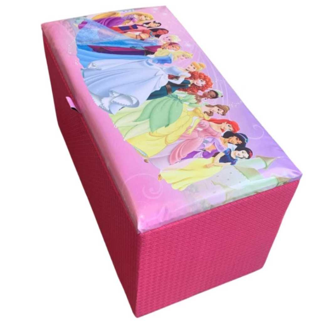 Puff baú princesas organizador grande decorativo puff infantil puff de guardar brinquedos 90x45x45