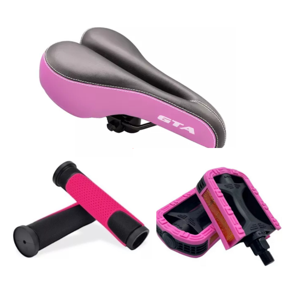KIT SELIM VAZADO GTA COM CARRINHO ROSA + MANOPLA ROSA GTA + PEDAL BICOLOR ROSCA GROSSA 9/16 OU ROSCA FINA 1/2 em Oferta na Shopee