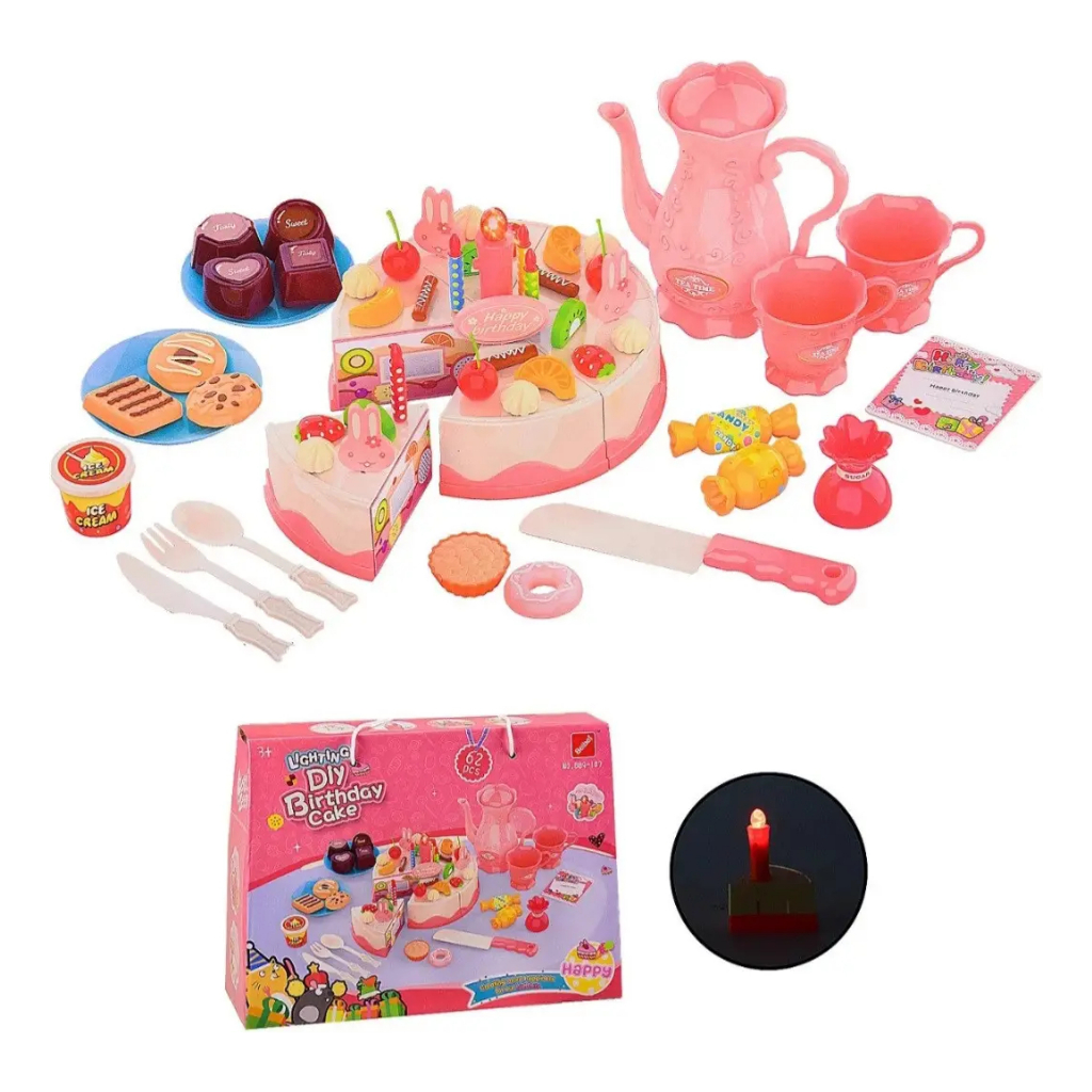 Brinquedo Aniversário Bolo Cake com Xícaras Talheres Pratos Massinha Infantil Casinha 62 Peças Vela Acende Luz