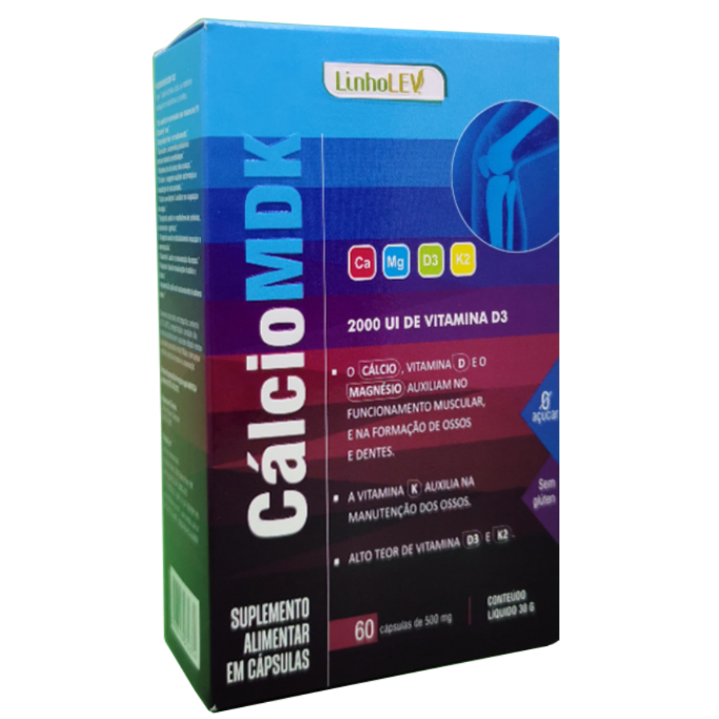 CÁLCIO MDK - Cálcio Magnésio Vitmina K2 Vitamina D3 60cps 500mg LinhoLev