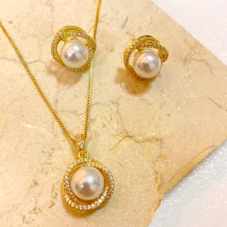 Colar e Brinco Feminino Perola Pra noiva Folheados Casamento Madrinhas Formatura BJ78 em Oferta na Shopee