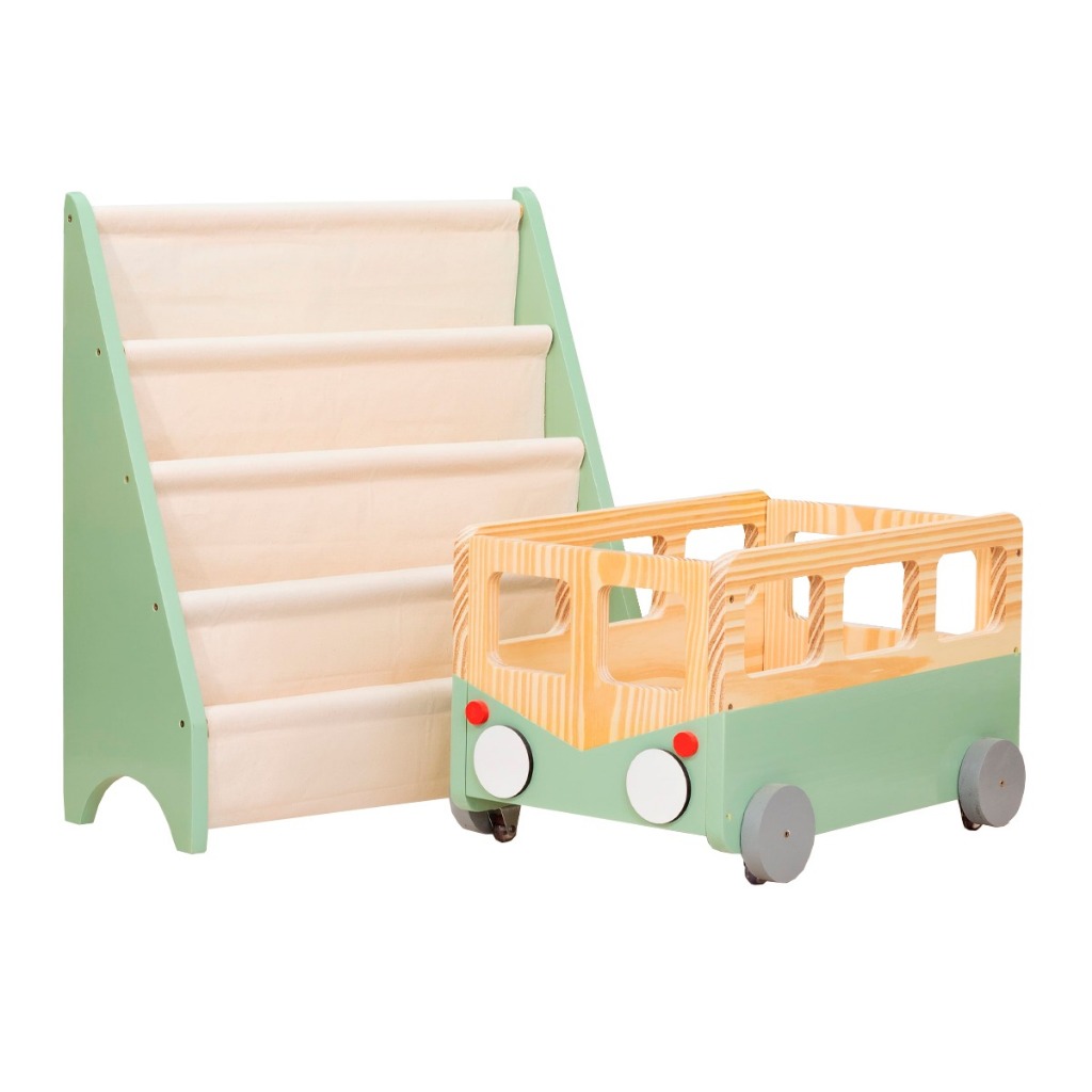 Brinquedoteca Montessori Rack Livros + Caixote Kombi Verde
