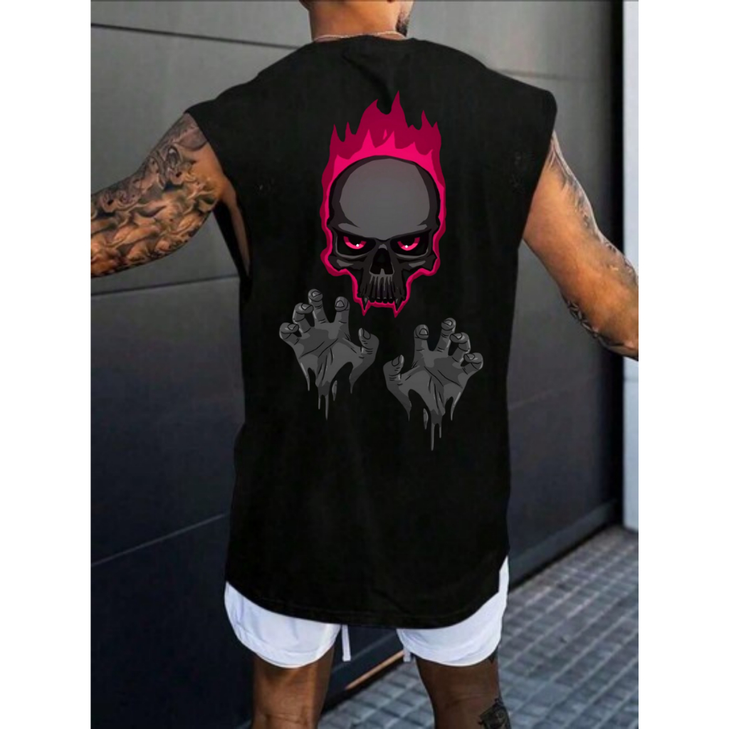 Camiseta Oversized Regata Treino Academia Camisa Estampado Caveira Fogo Rosa